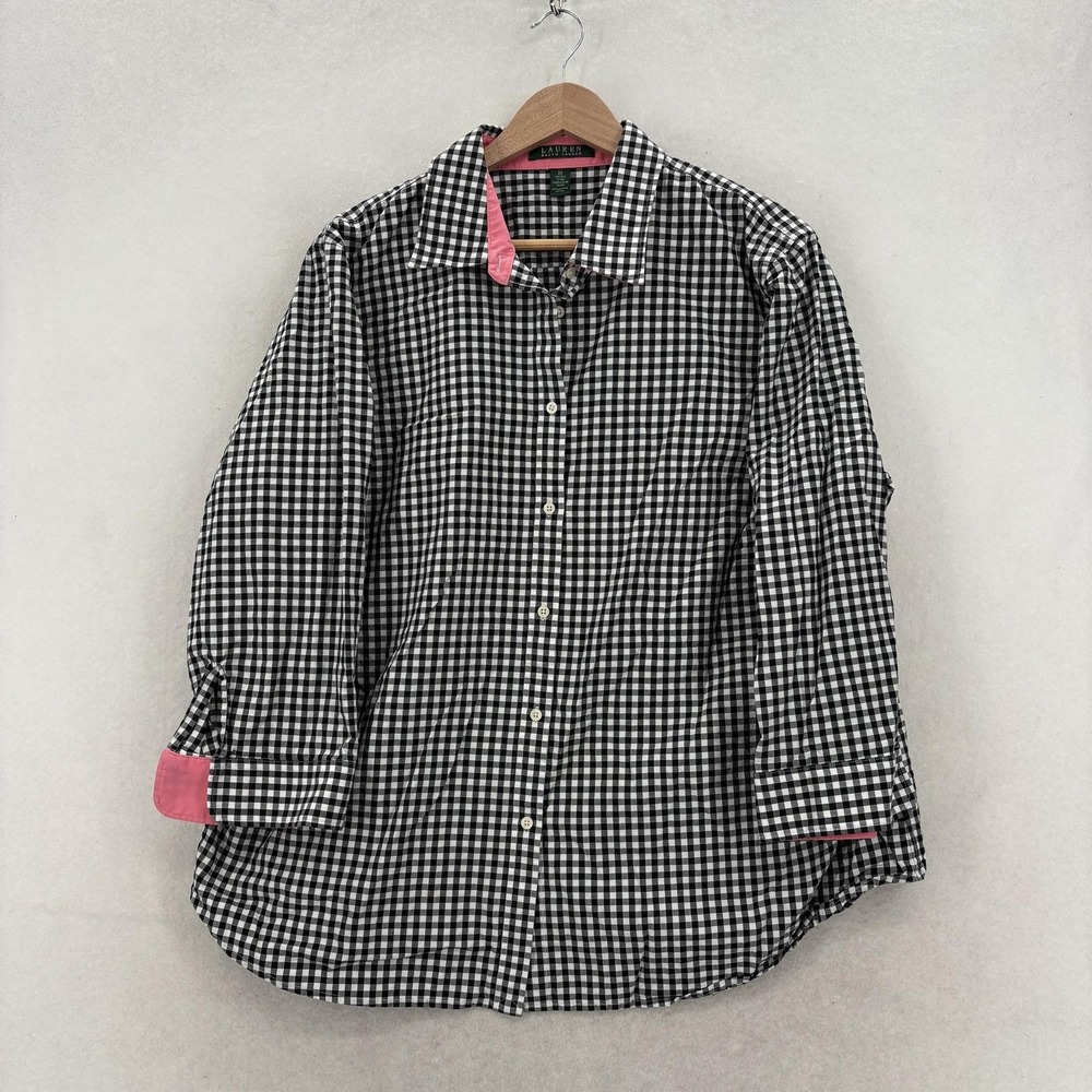 Lauren Ralph Lauren Shirt Womens 2X Black Check Button Up Long Sleeve Cotton